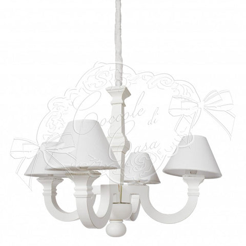 Coccole di Casa Lampadario 4 luci in legno bianco decapato con paralumi "Gloria" D59xH55 cm