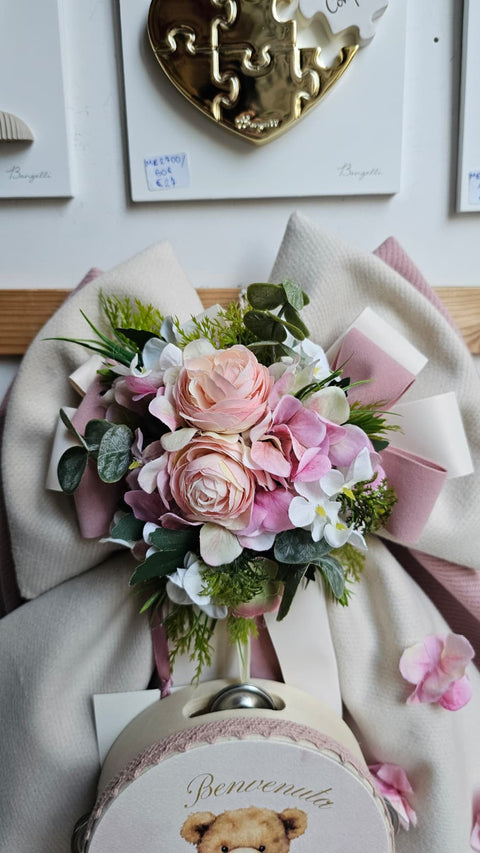 Madame Fioccò Fiocco Nascita rosa/avorio con tamburello orsetto "Tenerezza di Teddy" L38xH50 cm