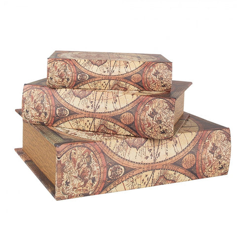 Clayre & Eef Set 3 Scatole Libri contenitori in legno Mappamondo 27x22x7 /22x17x6 / 17x12x4 cm