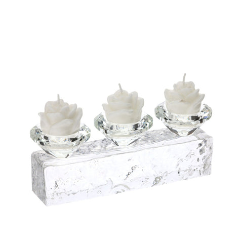 Hervit Crystal Tealight Holder 3 Flames with 3 White Pink Candles 21x6xH8 cm