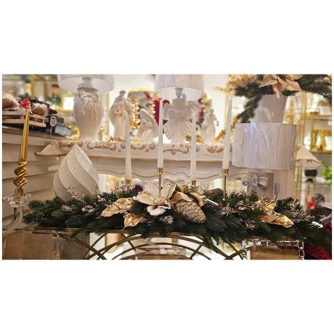 Bougeoir de Noël 4 lumières Lena's Flowers avec magnolias L120xH25 cm