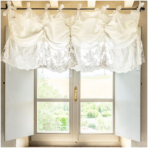 Chez Moi Drawstring valance in optical white linen and "Flora" lace, Made in Italy L160xH60 cm