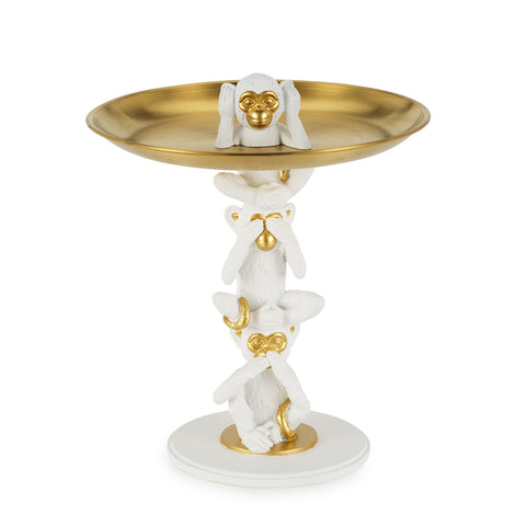 Henriette Monkey Stand in resin and white/gold metal "Jungle" 23xH27.5 cm