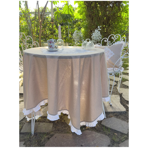 L'Atelier 17 Beige cotton tablecloth with "Limoges" Shabby Chic embroidery 150x150 cm