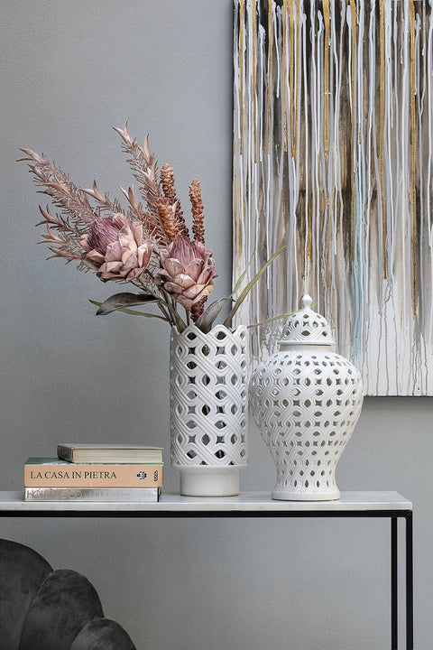 Henriette "Intrecci" perforated white ceramic flower vase D17xH39 cm