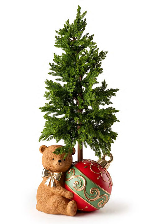 Fiori di Lena Orso di natale in resina con albero natalizio luci led H120 cm