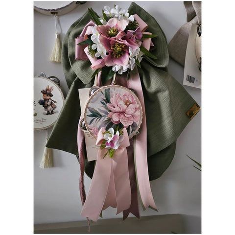 Madame Fioccò Fuoriporta Fiocco verde con tamburello e fiori "Fior di Seta" L36xH50 cm