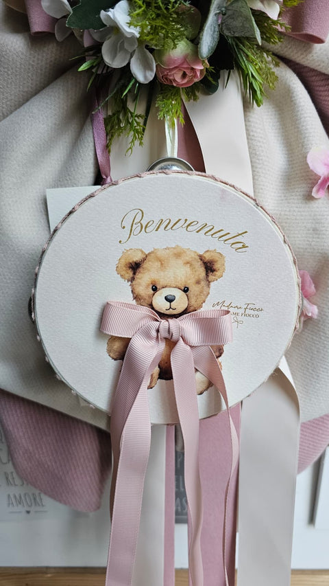 Madame Fioccò Fiocco Nascita rosa/avorio con tamburello orsetto "Tenerezza di Teddy" L38xH50 cm