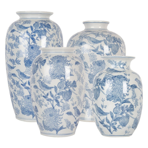 Clayre & Eef Vaso portafiori in ceramica Bianco/Blu Uccellini D14xH23 cm