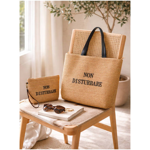Henriette Borsa da mare + pochette "Non Disturbare" in paglia 49x36x11 cm / 28x21 cm