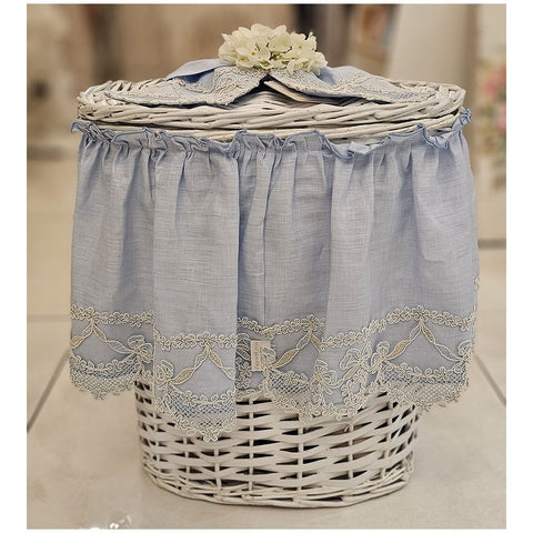 Fiori di Lena Laundry basket with ruffles and bow in light blue linen and lace 3 variants (1pc)