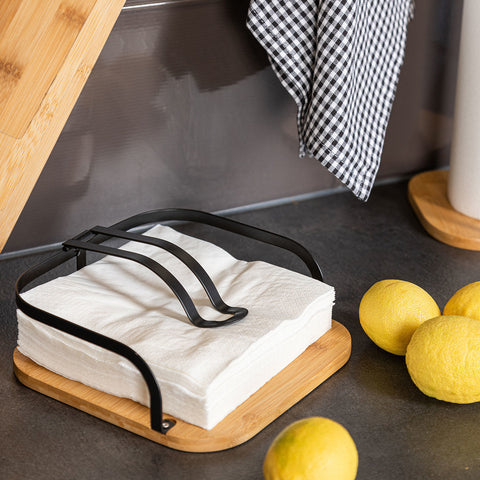 Estia Home Portatovaglioli in metallo nero e bamboo 20x20xH7 cm