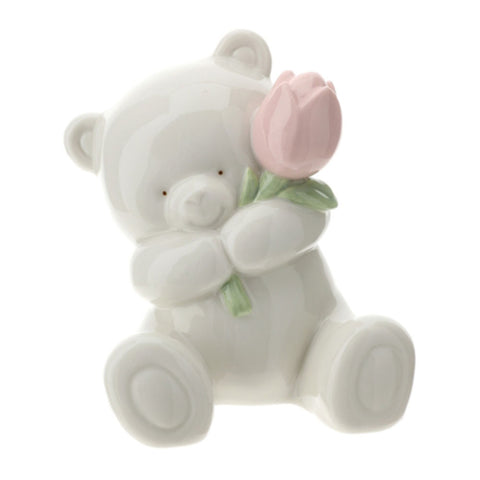 Figurine d'ours en porcelaine Hervit avec tulipe rose 10 cm