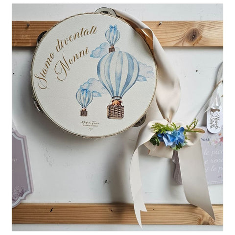 Madame Fioccò Tamburello Nascita mongolfiera celeste "Siamo diventati nonni" D18x4.5 cm