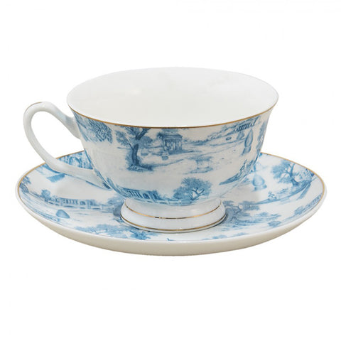Clayre & Eef Set 2 Tazze da tè in porcellana bianco/blu con piattino "Toile de Jouy" 250 ml