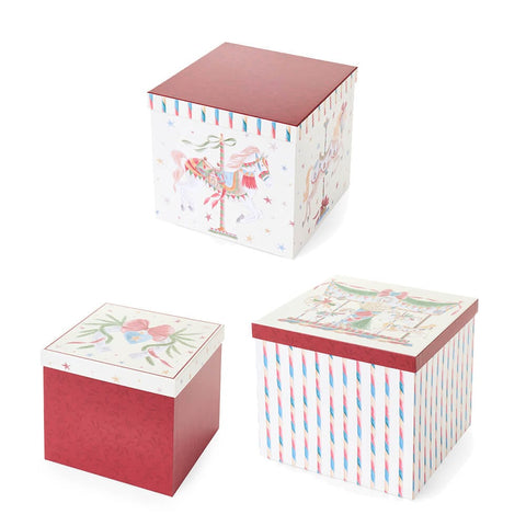 Lot de 3 boîtes de Noël carrées « Carrousel » en tissu Nuages ​​20/23/25 cm