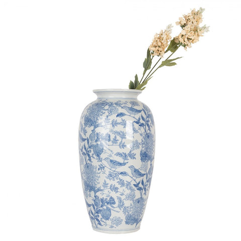 Clayre & Eef Vaso portafiori in ceramica Bianco/Blu Uccellini D17xH37 cm