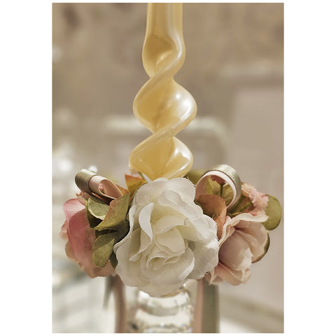 Mata Creazioni Cream, green and pink rose candle holder D10xh5 cm