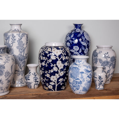 Clayre & Eef Vaso portafiori in ceramica Bianco/Blu Uccellini D14xH23 cm