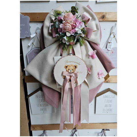 Madame Fioccò Fiocco Nascita rosa/avorio con tamburello orsetto "Tenerezza di Teddy" L38xH50 cm