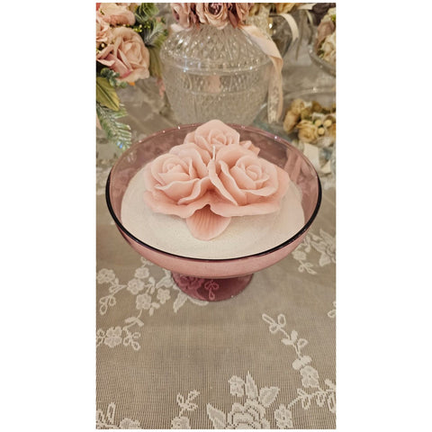 Cereria Parma Alzatina alta in vetro rosa antico con candela 3 rose D19xH14 cm