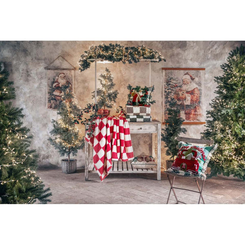 Decorazioni natalizie shabby chic con alberi illuminati, cuscini e coperte a quadri rossi e bianchi