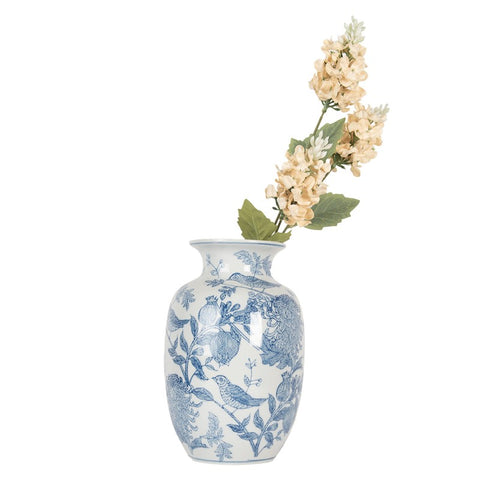 Clayre & Eef Vaso portafiori in ceramica Bianco/Blu Uccellini D14xH23 cm