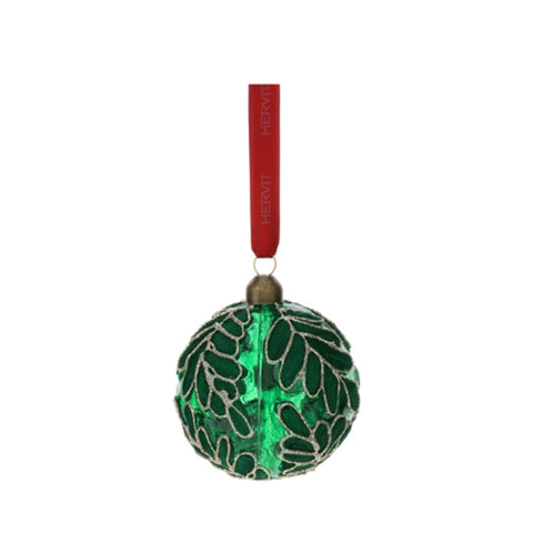 Hervit Green Glass Sphere with Leaves D8 cm