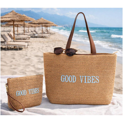 Henriette Borsa da mare + pochette "Good Vibes" 49x36x11 cm / 28x21 cm