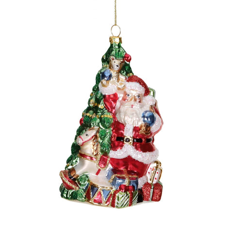 GLSS SANTA W/XMAS TREE/GIFTS ORN RD/GRN 15CM