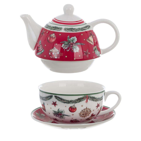 Théière de Noël Blanc Mariclò + tasse et soucoupe "Hamamelide" en porcelaine 400 ml