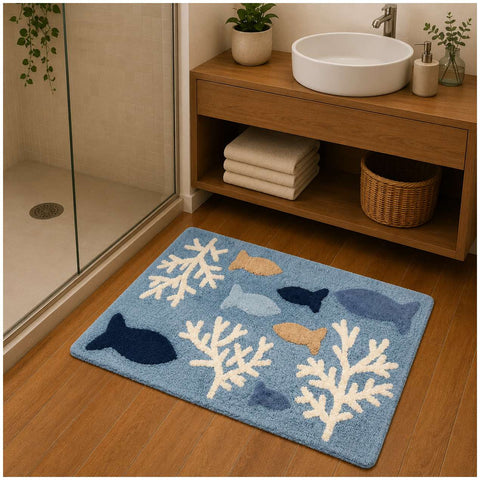 Tappeto bagno mare con pesci e coralli, stile shabby chic, ideale per arredo bagno moderno o provenzale