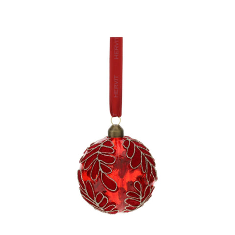 Hervit Red Glass Sphere with Leaves D10 cm