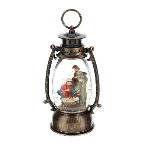 HERVIT Lanterna natalizia con sacra famiglia sfera acqua con neve 14x11x25 cm