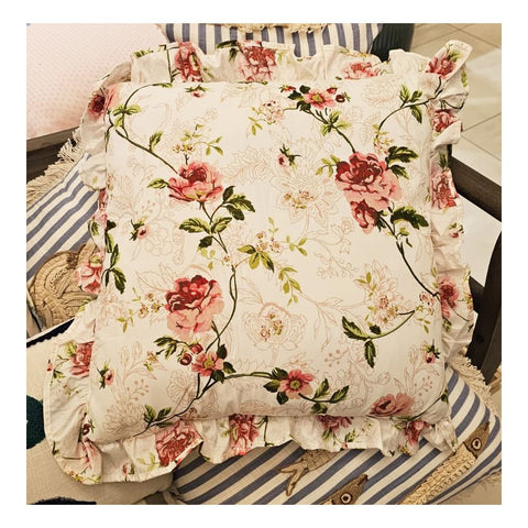 L'Atelier 17 Cuscino arredo floreale fondo bianco con balza "Rosy" 45x45 cm