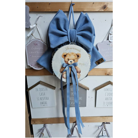 Madame Fioccò Fiocco Nascita azzurro con tamburello orsetto "Tenerezza di Teddy" L30xH30 cm