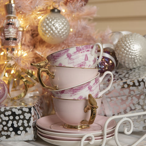 Clayre & Eef Set 2 Tazze da tè in porcellana bianco/rosa con piattino 250 ml