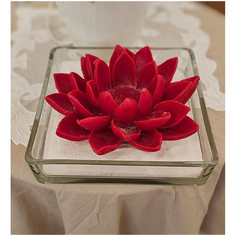 Cereria Parma Piatto di vetro con candela ninfea rossa e sabbia naturale D33xH8 cm