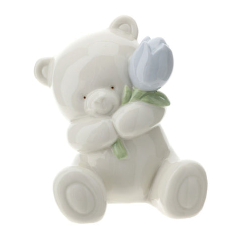 Figurine d'ours en porcelaine Hervit avec tulipe bleue 10 cm