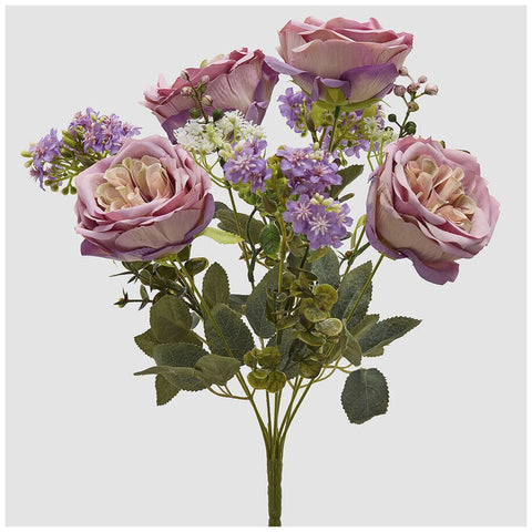 EDG Enzo de Gasperi Mazzo Cespuglio Rose lilla con foglie artificiale H40 cm - Angelica Home Stabia