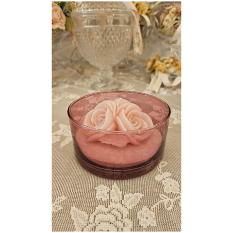 Cereria Parma Ciotola piccola in vetro rosa antico con candela 3 rose D12xH6 cm