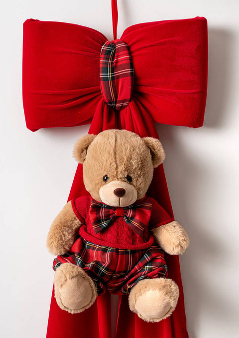 Fiori di Lena Fuoriporta Fiocco di natale in velluto rosso orsetto Teddy H135 cm