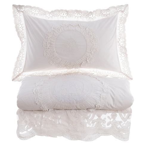 Blanc Mariclò Parure Housse de couette double blanche + 2 taies d'oreiller Shabby "Dentelle" 200x250 cm