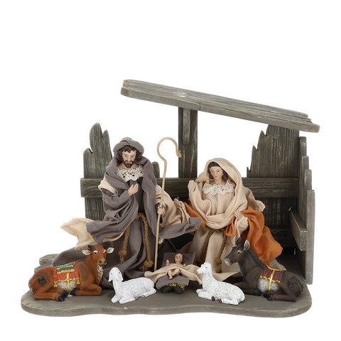HERVIT Decorazione natalizia natività con capanna statuina in legno e tessuto 43x30 cm