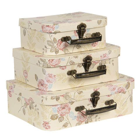 Clayre & Eef Set 3 bauli contenitori beige con fiori 30x21x9/25x18x9/20x16x8 cm