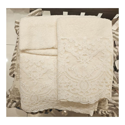 Chez Moi Set 2 asciugamani da bagno in cotone e pizzo "Simposio" 100x60 cm/60x40 cm