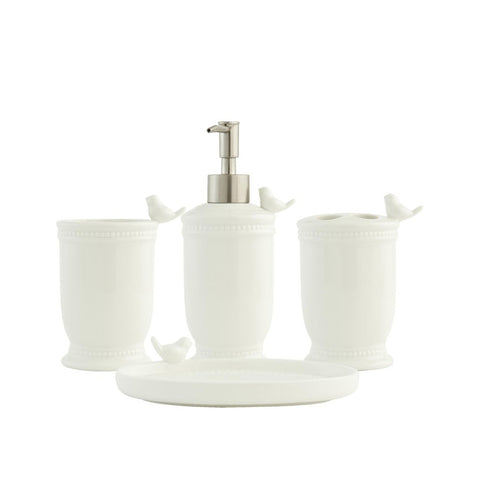 Clayre & Eef Set da bagno 4 pezzi Uccellini in ceramica bianco