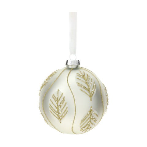 Hervit White Glass Sphere with Glitter Leaves D10 cm