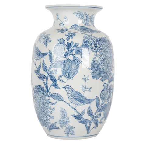 Clayre & Eef Vaso portafiori in ceramica Bianco/Blu Uccellini D14xH23 cm