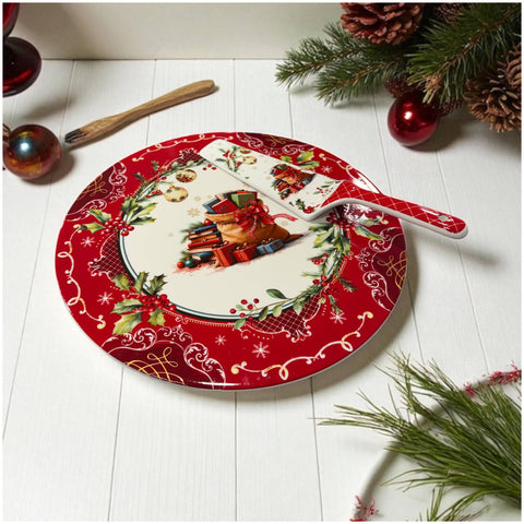 Assiette à gâteau de Noël en porcelaine délavée + pelle à gâteaux D30 cm